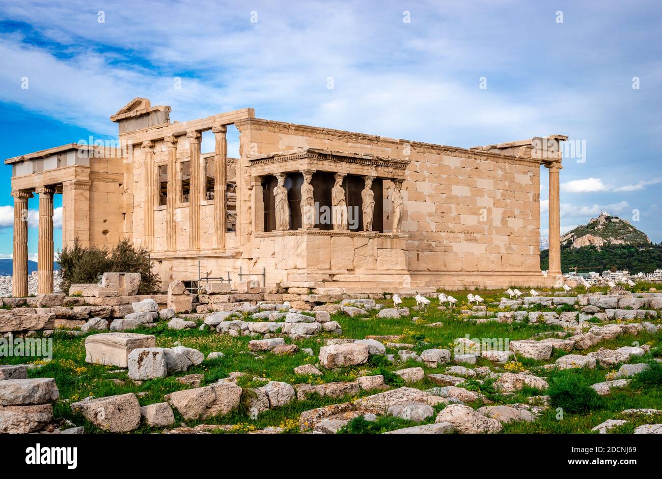 The Erechtheion or Erechtheum is an ancient Greek temple on Acropolis of Athens in Greece, which was dedicated to both Athena and Poseidon. Stock Photo