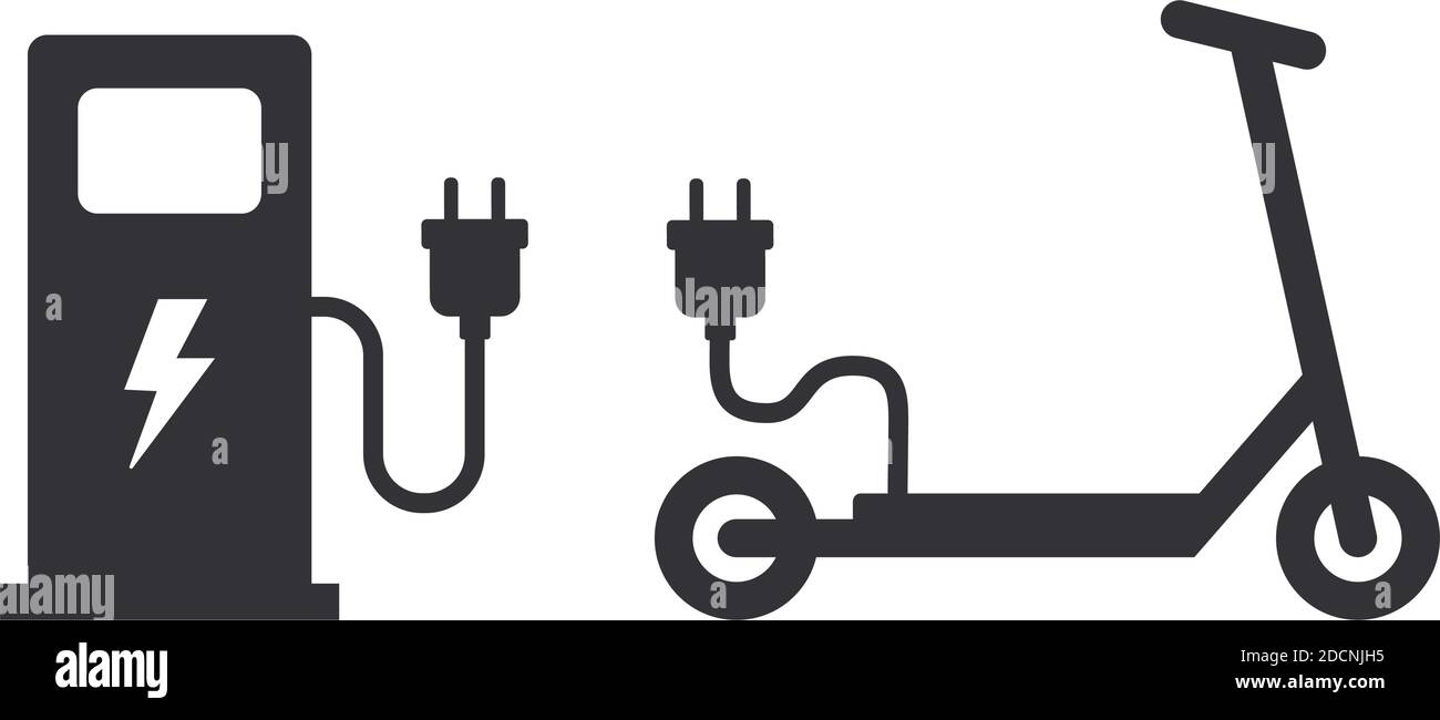 Electric scooter loading station with power plug symbol or icon vector illustration Stock Vector