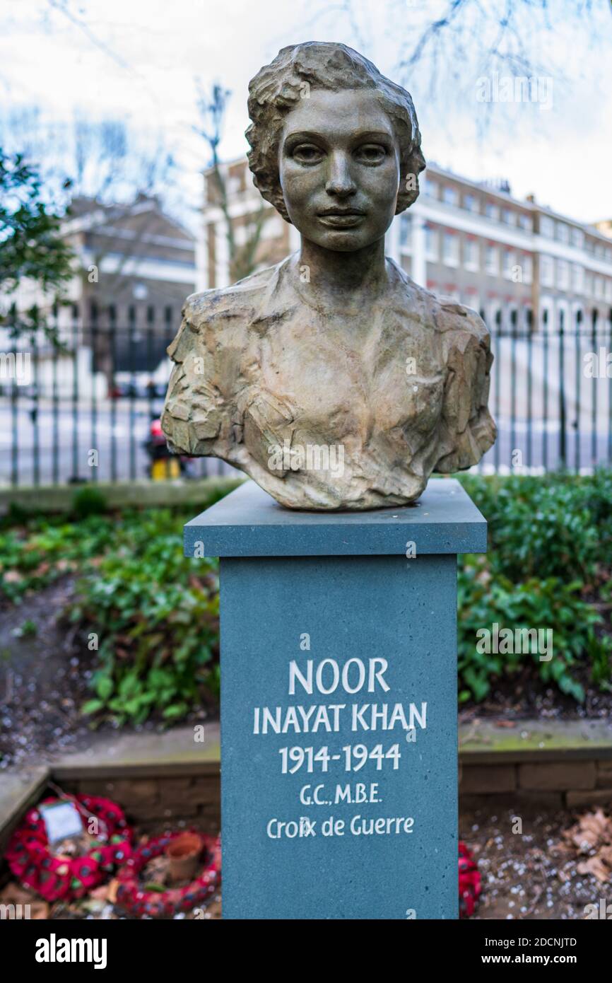 Noor Inayat Khan Memorial statue in Gordon Square Bloomsbury London. SOE Agent Noor Inayat Khan 1914-1944 awarded the George Cross and Croix de Guerre. Stock Photo