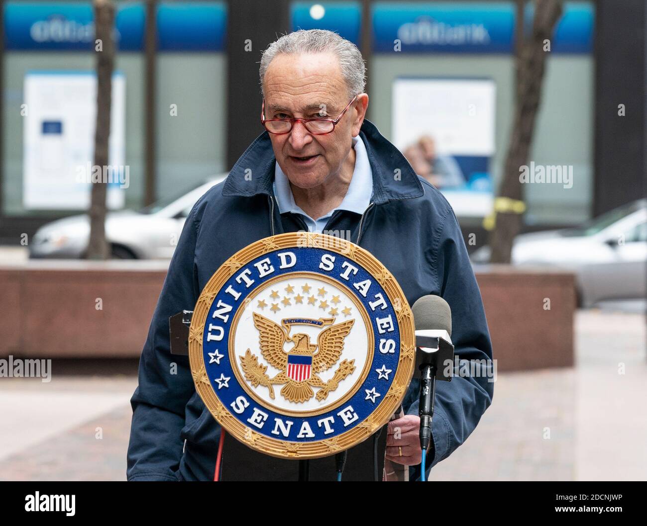 New York, United States. 22nd Nov, 2020. U. S. Senator Chuck Schumer speaks during media briefing on COVID-19 and Navy Grumman Plume. Senator spoke of Navy to contain the Grumman Plume. Schumer asked President-elect transition team to oversee the U. S. Navy to clean up the plume. The Grumman Plume owned by U. S. Navy and Northrop Grumman was contaminated with toxic chemicals since mid 1970th at Bethpage facility sites in Long Island. (Photo by Lev Radin/Pacific Press) Credit: Pacific Press Media Production Corp./Alamy Live News Stock Photo