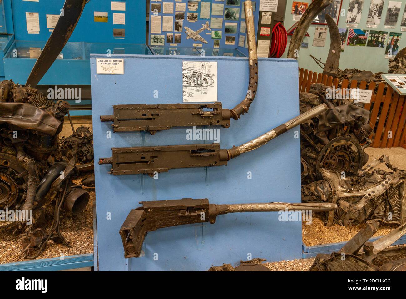 Machine guns from the crash remains of a Lockheed P-38J Lightning, Lincolnshire Aviation Heritage Museum, East Kirkby, Spilsby, Lincs, UK. Stock Photo