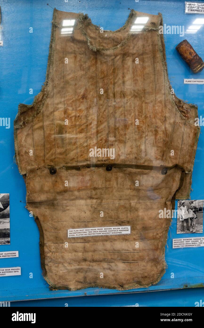 WWII pilots flak suit (woven nylon with manganese steel plates) Lincolnshire Aviation Heritage Museum, East Kirkby, Spilsby, Lincs, UK. Stock Photo