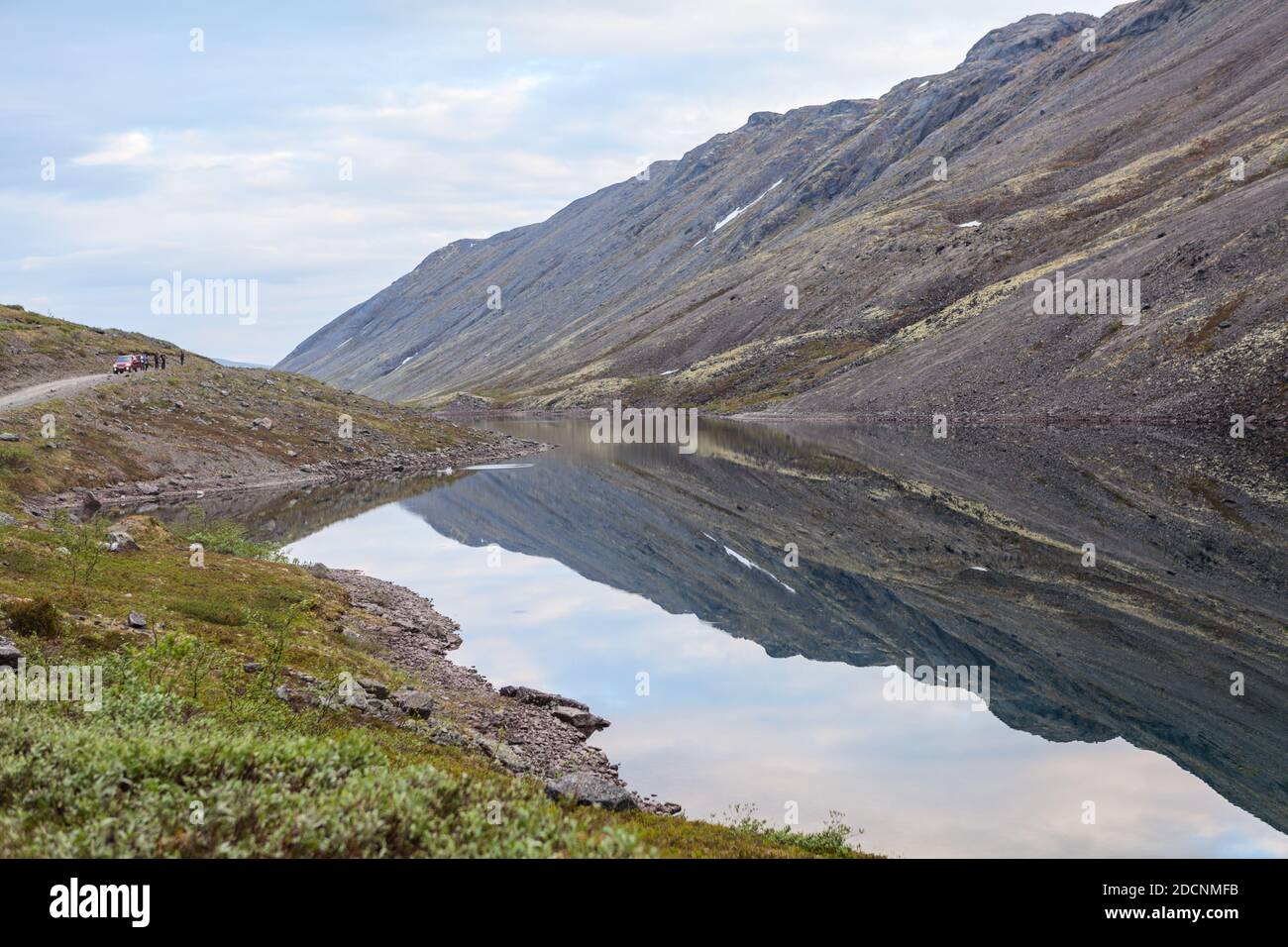 Beautiful views from the way through the Khibiny Mountains, calm lake and tundra. Kolsky peninsula, northern Russia Stock Photo