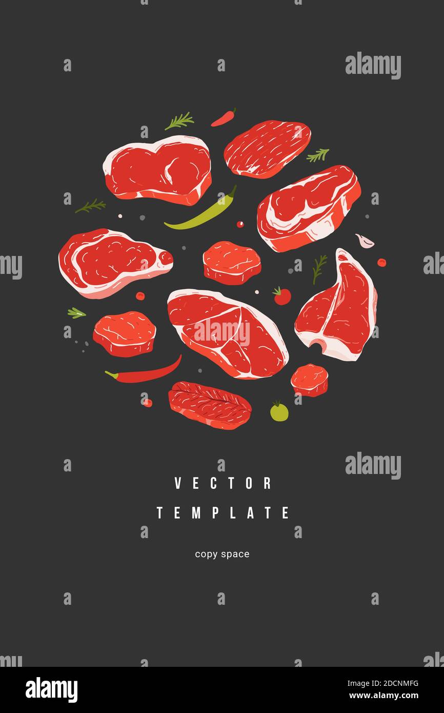 Steak poster template, vector menu for steakhouse or butchery shop, copy space for text, realistic handdrawn illustration, various beef cuts Stock Vector