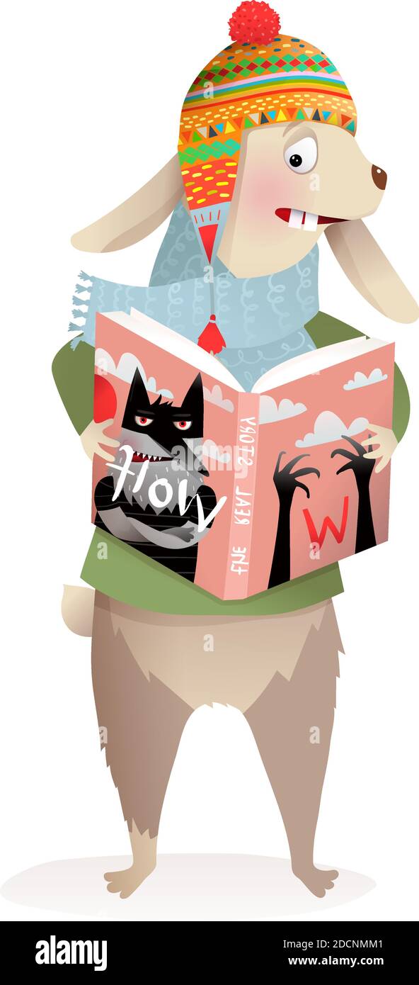 Winter Rabbit or Hare Reading Book about Wolf Stock Vector