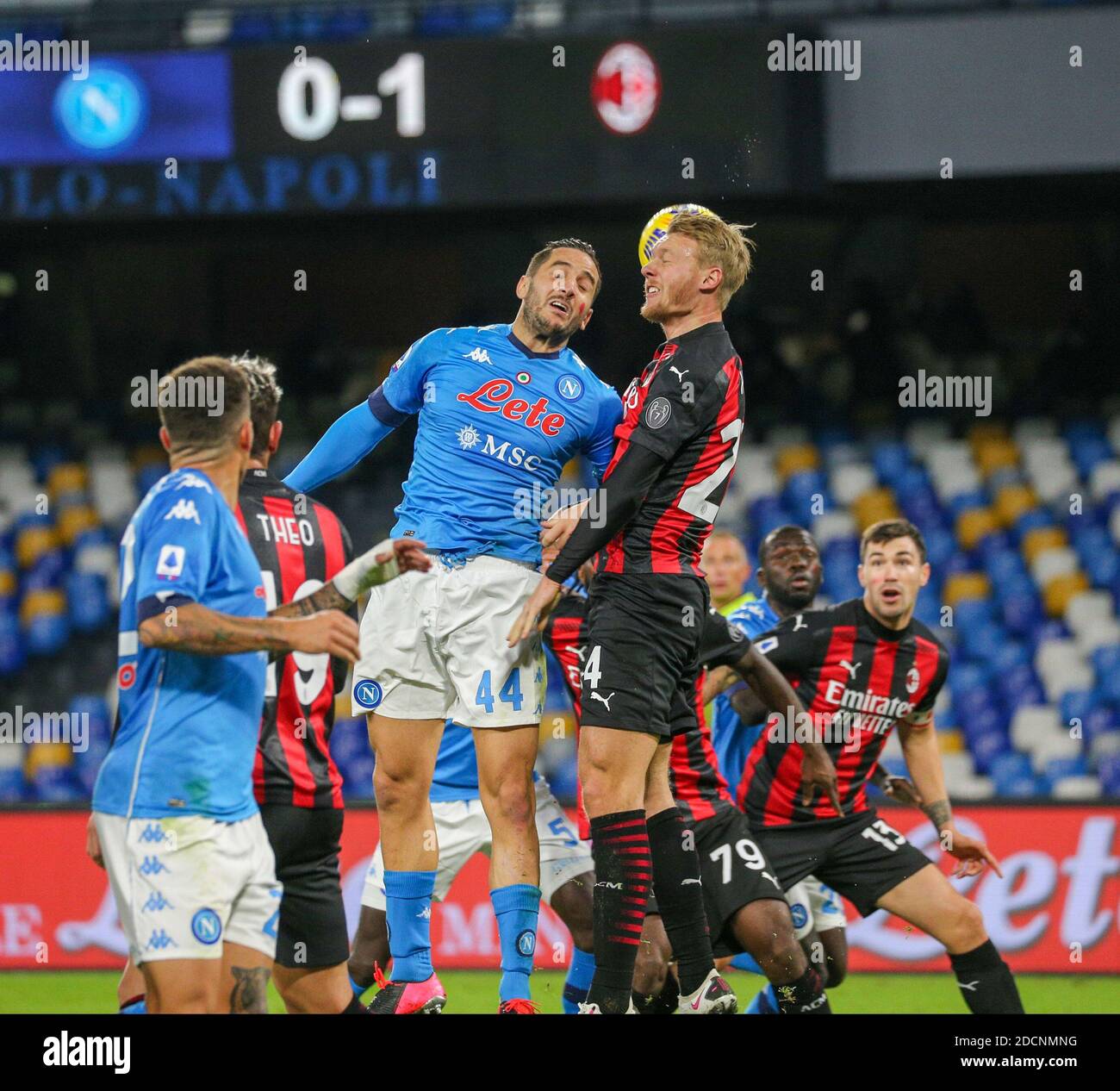 Naples, Campania, Italy. 22nd Nov, 2020. MANOLAS OF NAPLES AGAINST MILAN'S RERBIC HEAD.During the Italian Serie A Football match SSC Napoli vs FC Milan on November 22, 2020 at the San Paolo stadium in Naples.In picture: Credit: Fabio Sasso/ZUMA Wire/Alamy Live News Stock Photo