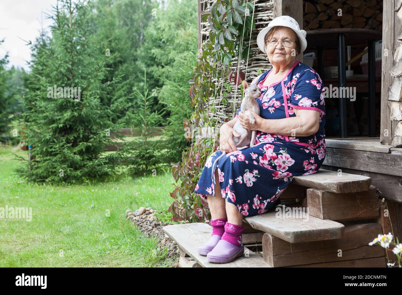Senior grandma dressed hat and eyeglasses embracing sphynx cat in hands