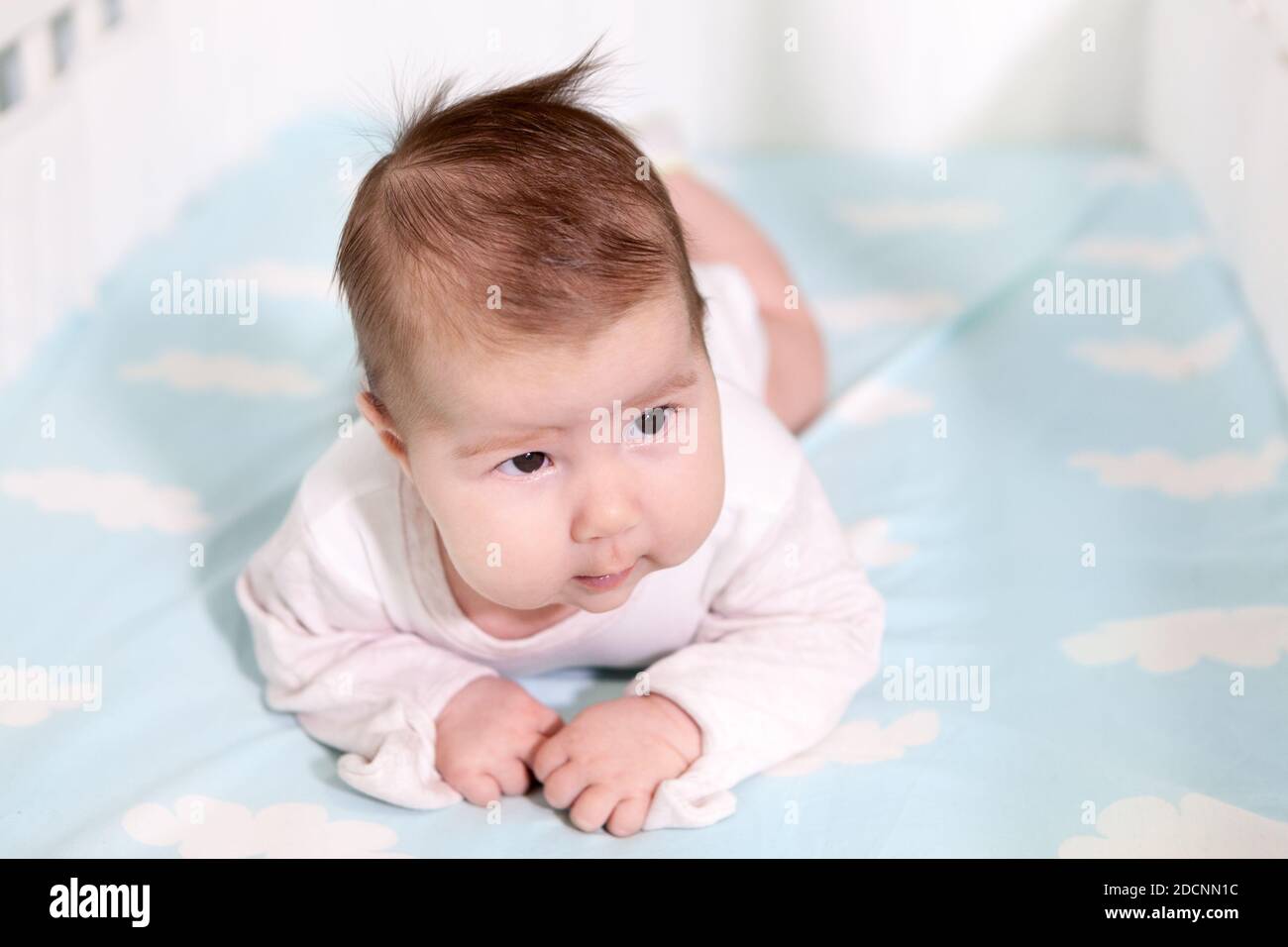 Two month old baby in cot on stomach, blue bottom with white linen, one