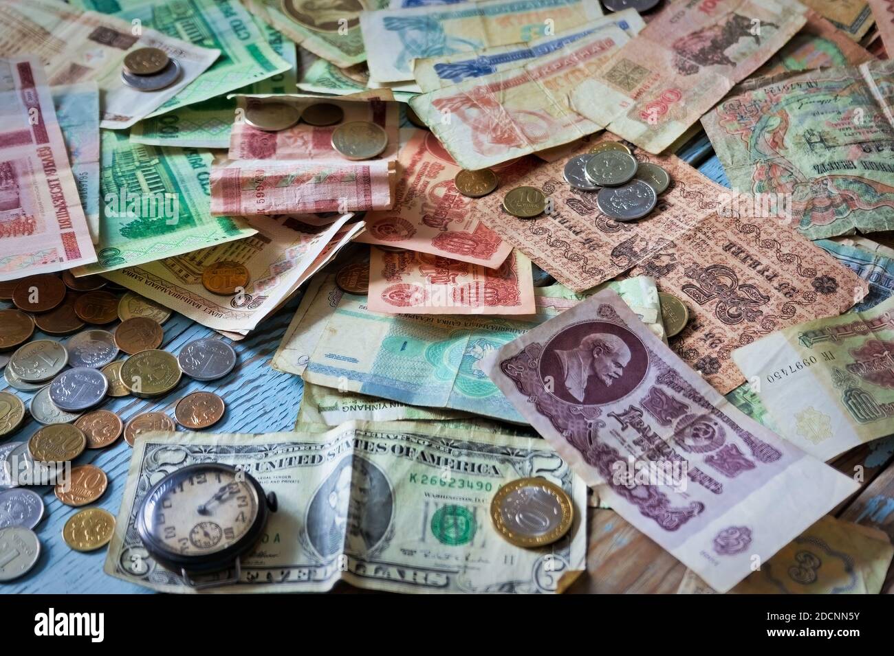 Russian Ukrainian Belarusian and Soviet money of different years. Money USSR. Cash. Background texture. Stock Photo