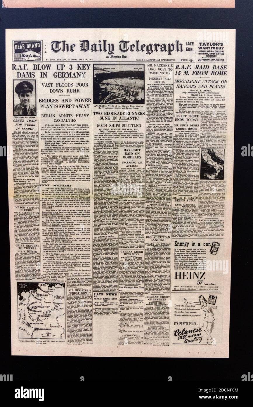 The Daily Telegraph front page following the Dambusters raid, 18th May 1943, Lincolnshire Aviation Heritage Museum, East Kirkby, Spilsby, Lincs, UK. Stock Photo