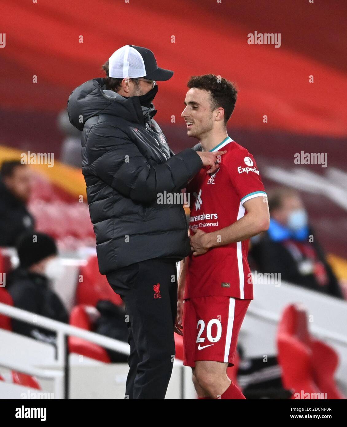 Liverpool manager Jurgen Klopp congratulates Diogo Jota as he is ...