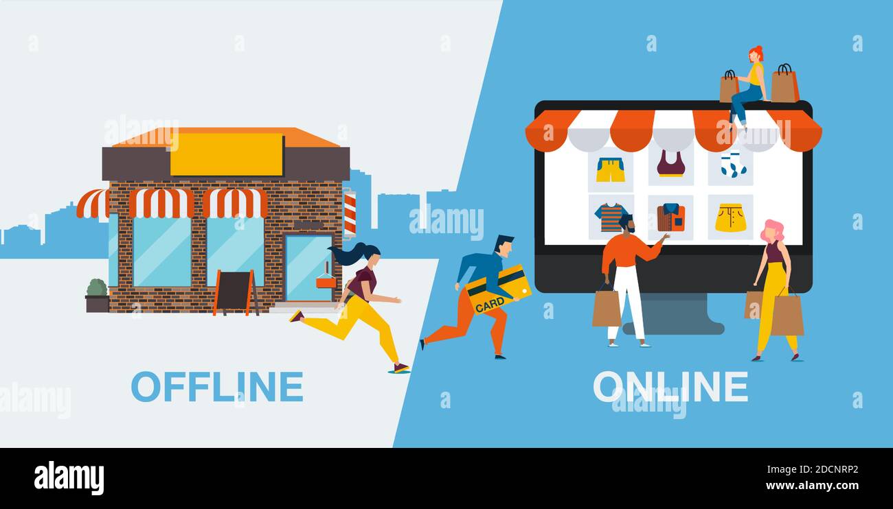 Vector of people customers switching from offline to online shopping