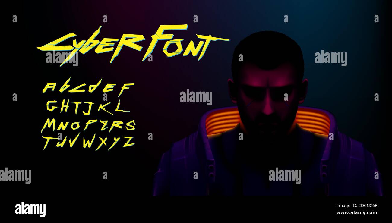 Vector cyber font and alphabet. luminescent cyberpunk 2077 font. Stock Vector