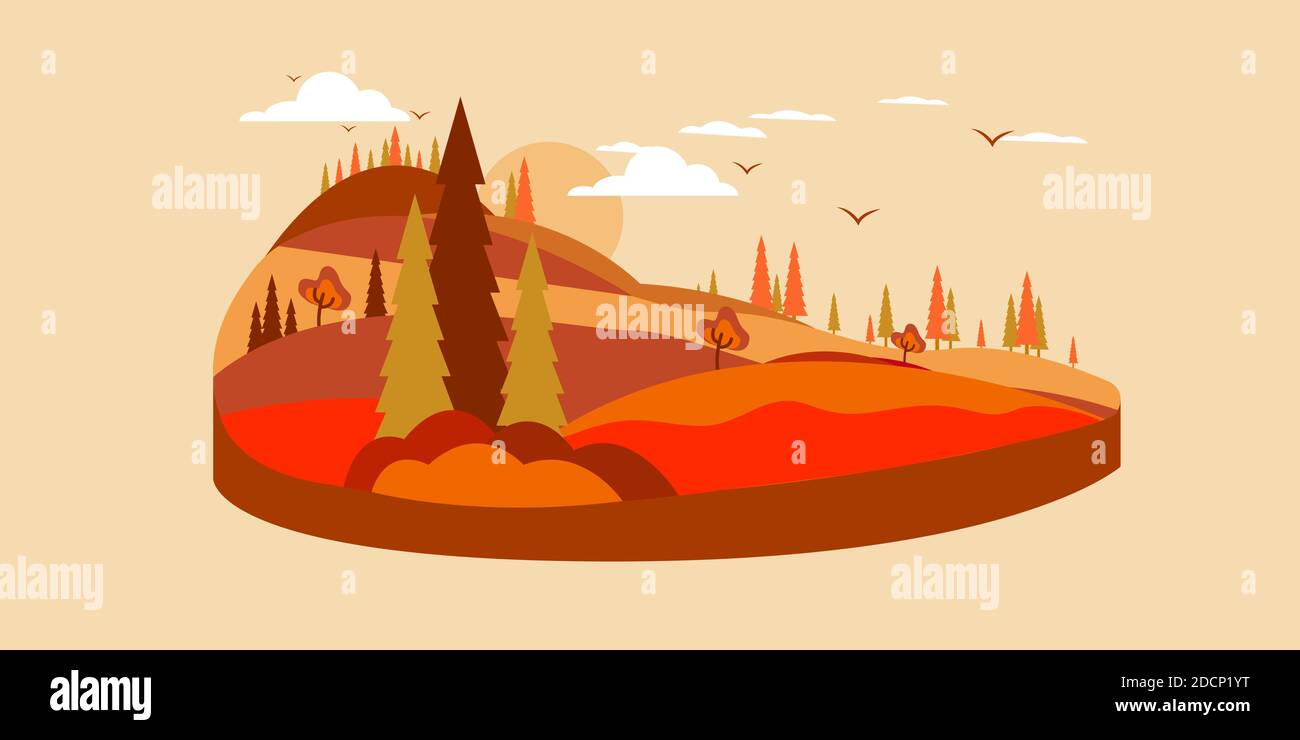 Autumn landscape.Panoramic of countryside landscape.Cartoon yellow orange fall tree and autumnal garden bush icon with fall season gold leaves for cit Stock Vector