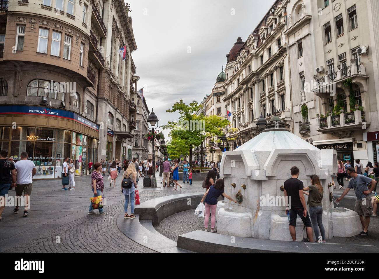 BELGRADE, SERBIA - JUNE 2, 2017: Kneza Mihailova street crowded, near the iconic Delijska Cesma Fountain. Also known as Knez Mihaila, this is the main Stock Photo
