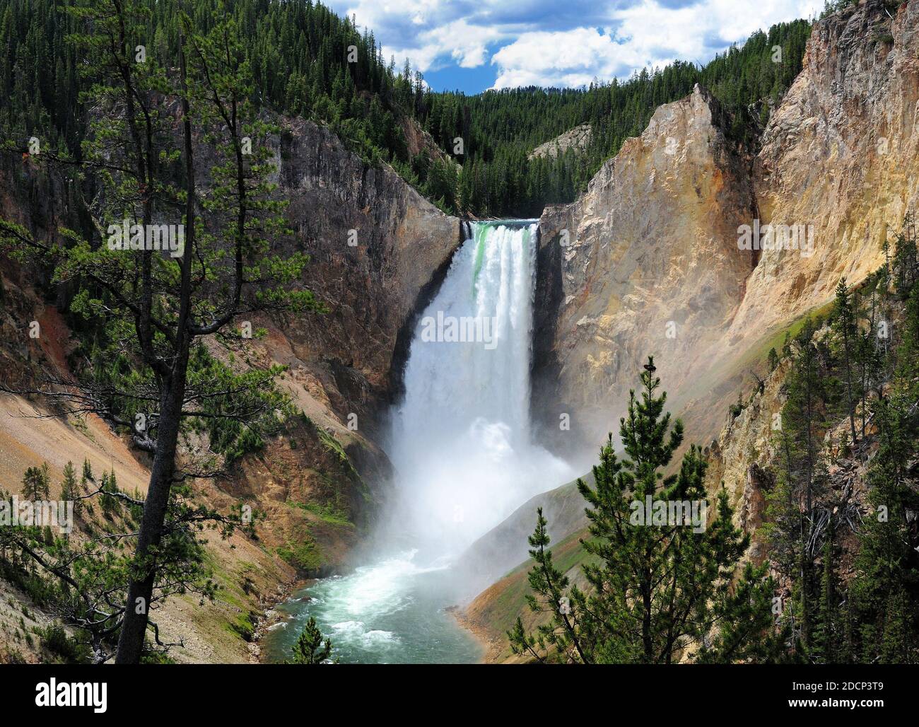 View To The Lower Yellowstone Falls From Red Rock Point On A Sunny Summer Day With A Clear Blue Sky And A Few Clouds Stock Photo