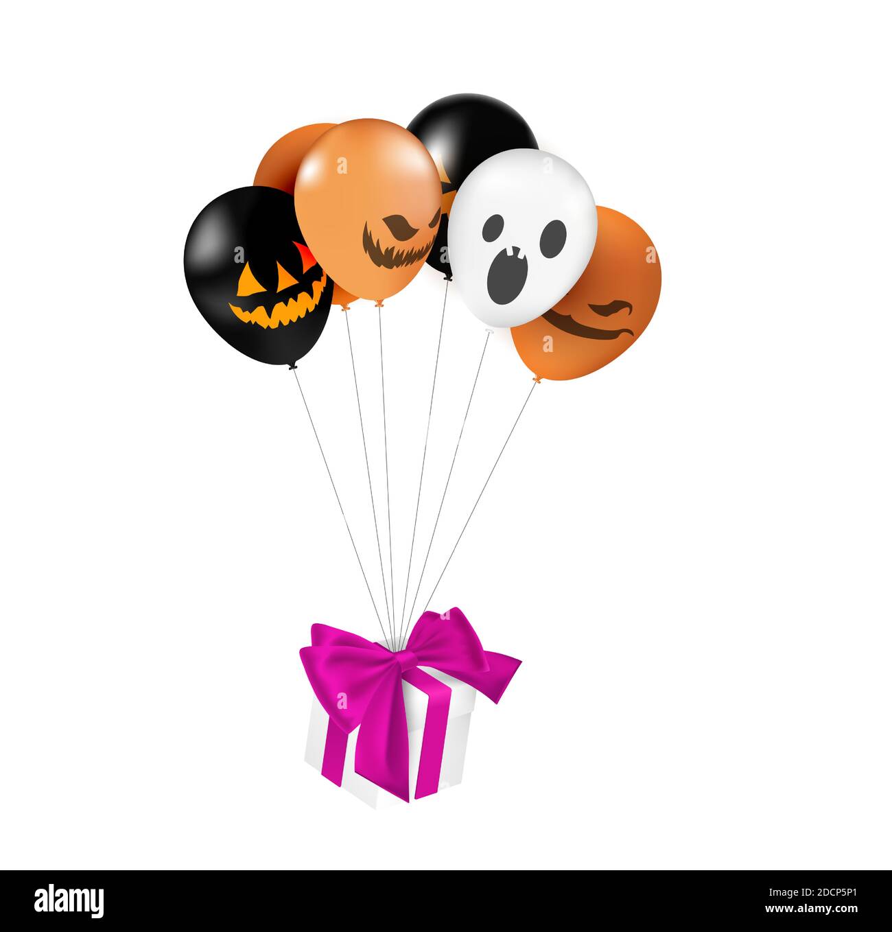 Halloween card with balloons helium and gifts. Vector illustration of Halloween balloon and gift box. Stock Vector