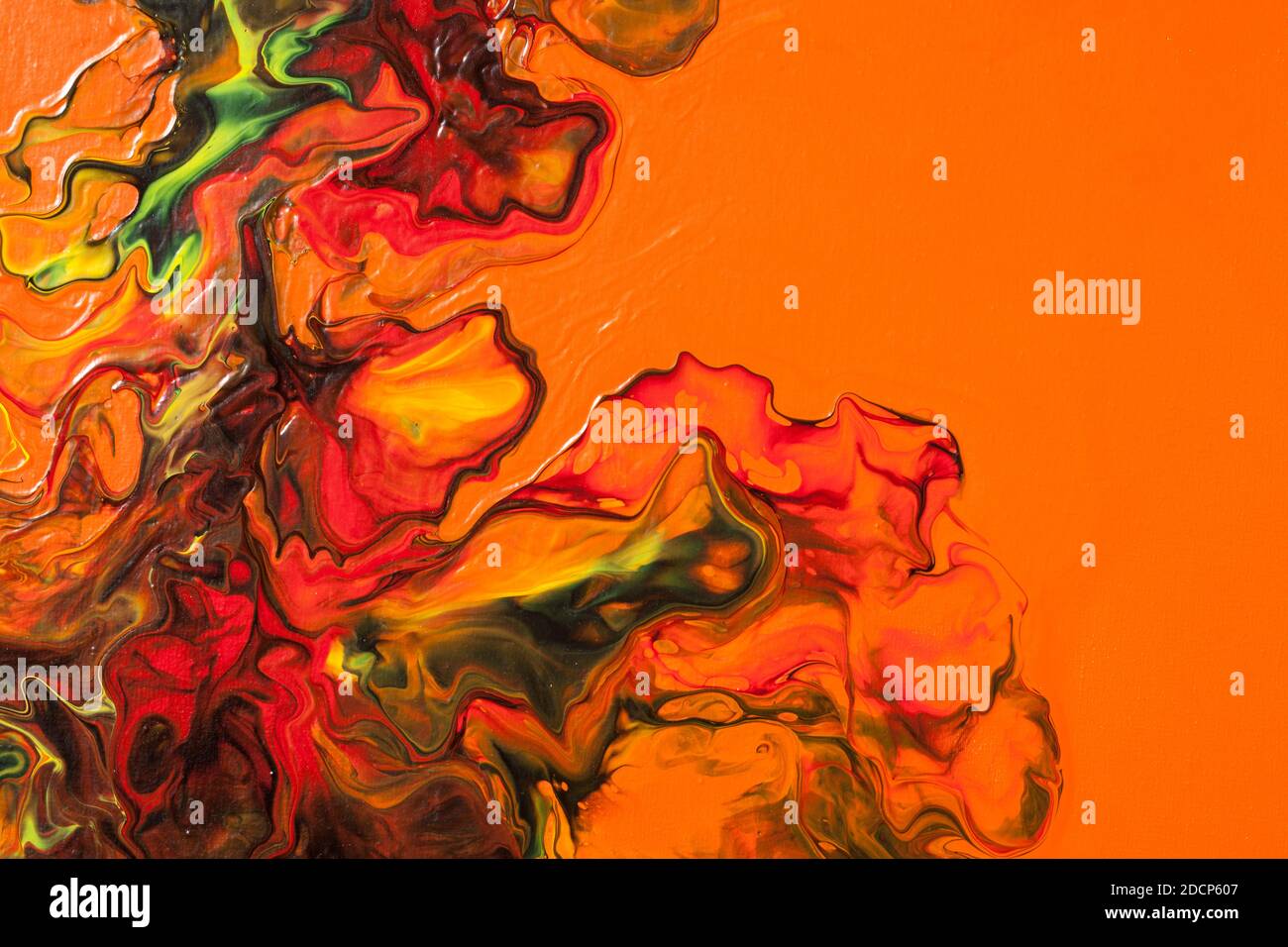Fantastical floral pattern of liquid paint.  Orange fluid art abstract background Stock Photo