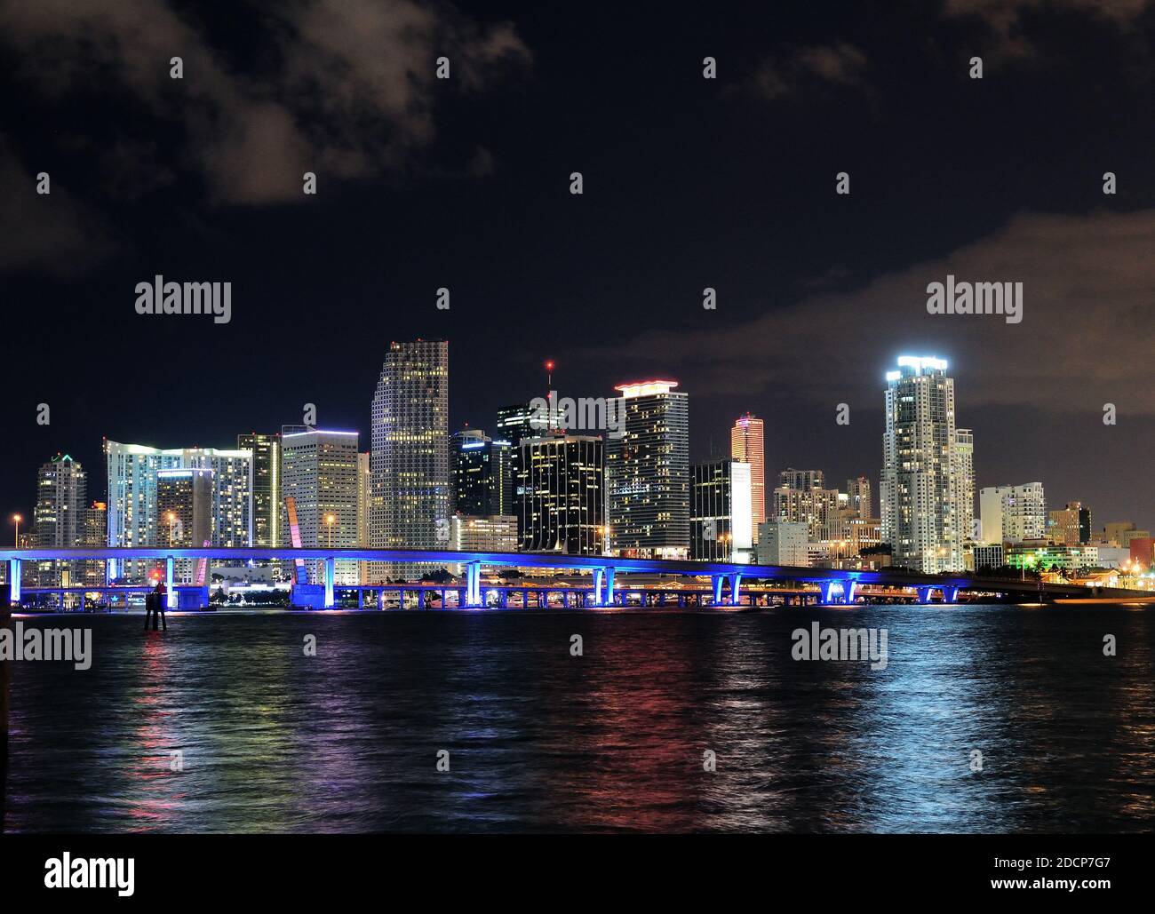 View To The Skyline Of Miami From Watson Island At Night On An Autumn Evening With A Clear Blue Sky And A Few Clouds Stock Photo