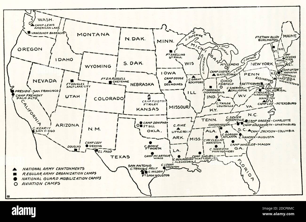Military Establishments in United States.  Legend: Black triangle: National Army cantonments; Black square: Regular Army Organization Camps; Black circle: National Guard Mobilization Camps; Circle: Aviation Camps Stock Photo