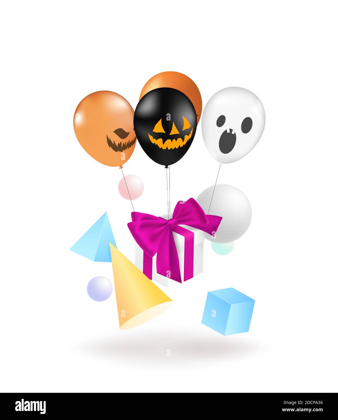 Halloween card with balloons helium and gifts. Vector illustration of Halloween balloon and gift box. Stock Vector