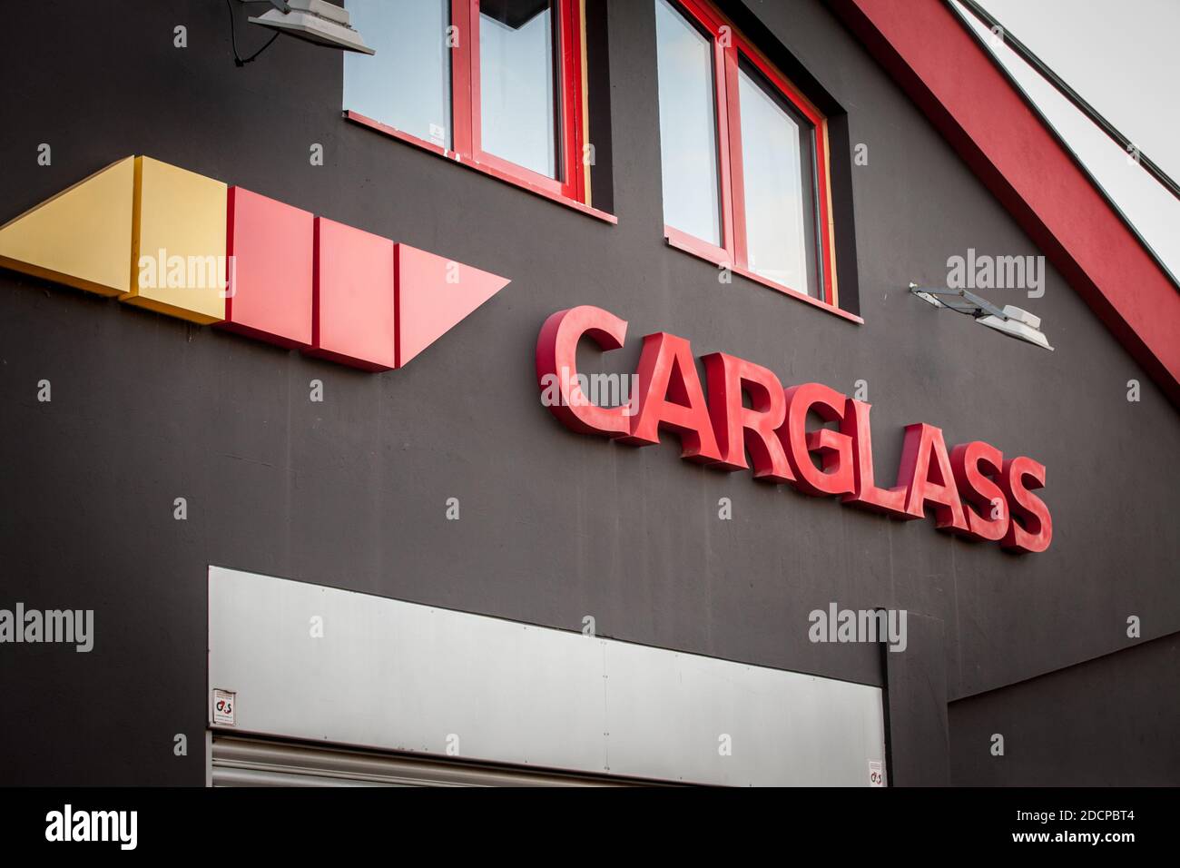 BELGRADE, SERBIA - OCTOBER 25, 2020: Carglass logo ion their workshop. Carglass is a Belgian chain of mechanics & technicians specialized in automotiv Stock Photo