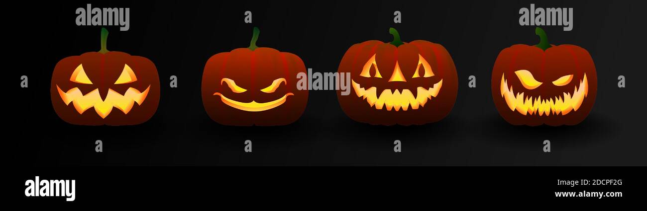 Set of Halloween dark pumpkins with different faces. Stock Vector