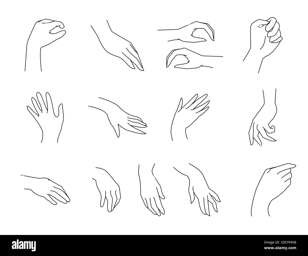 Simple outline vector Illustration of hands palms in different positions. Vector illustration one line hand position. Set of hand position. Stock Vector