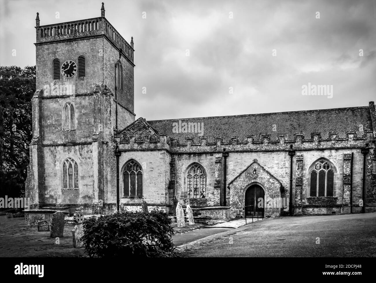 The St Michael & All Angels' parish Church, a Grade II* listed building, is the site of TS Eliot's interred ashes in East Coker, Somerset, England, in Stock Photo