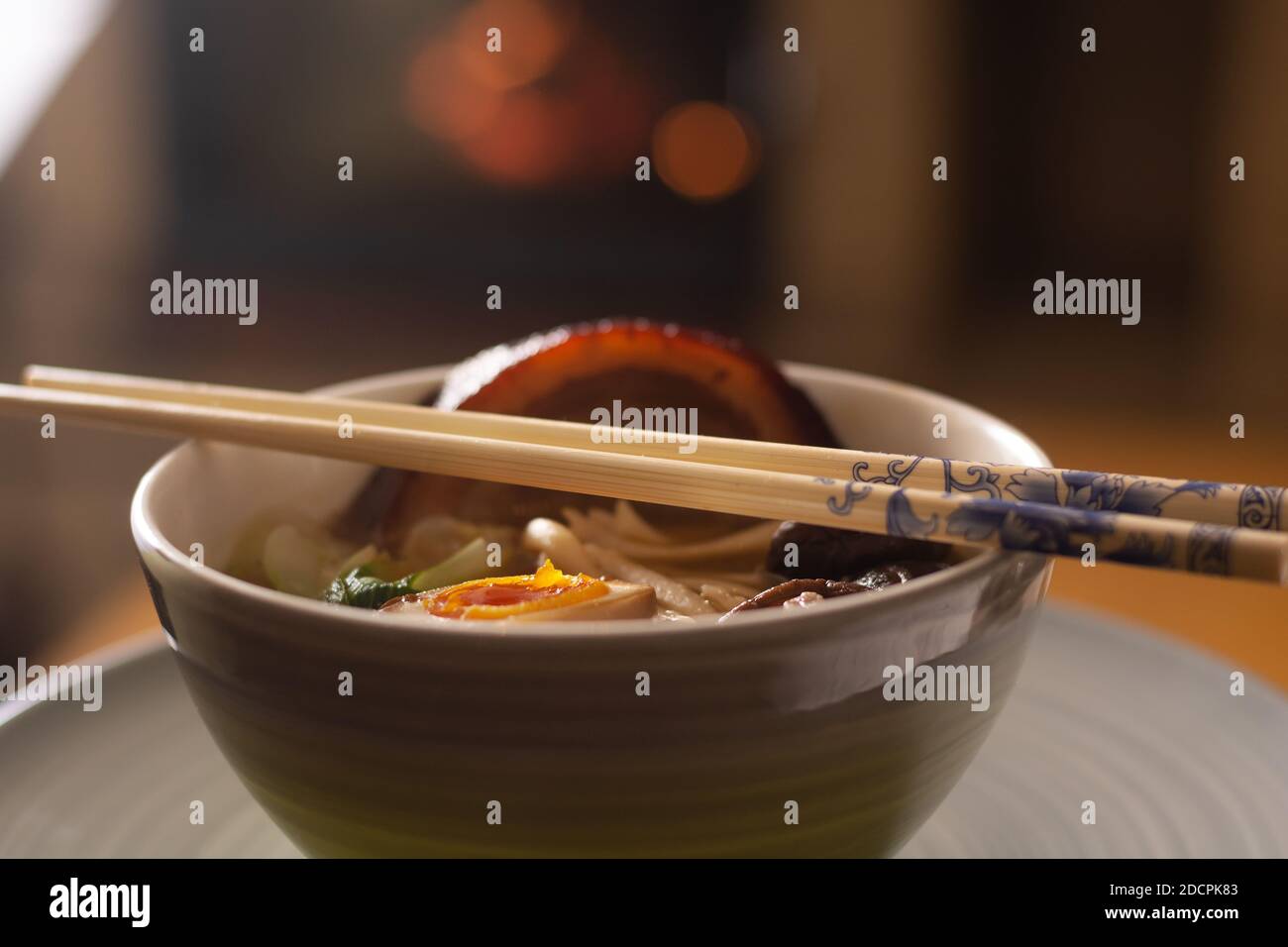 Japanese ramen soup with pork (chasu), marinated egg, pak choi