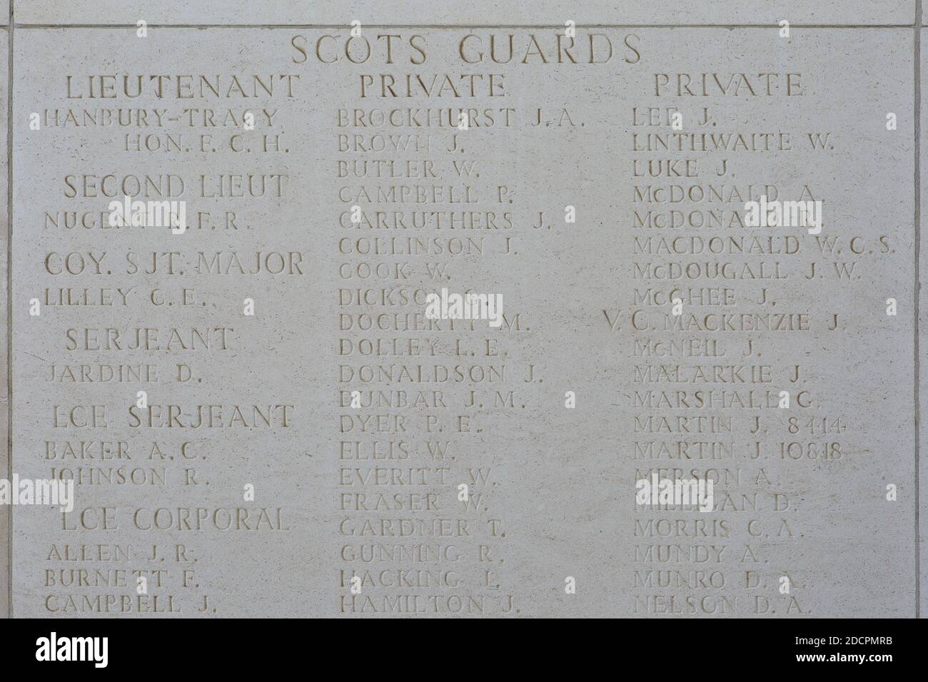 Mention of the Scottish VC recipient private James MacKenzie (1889-1914) at the Ploegsteert Memorial to the Missing in Komen-Waasten, Belgium Stock Photo
