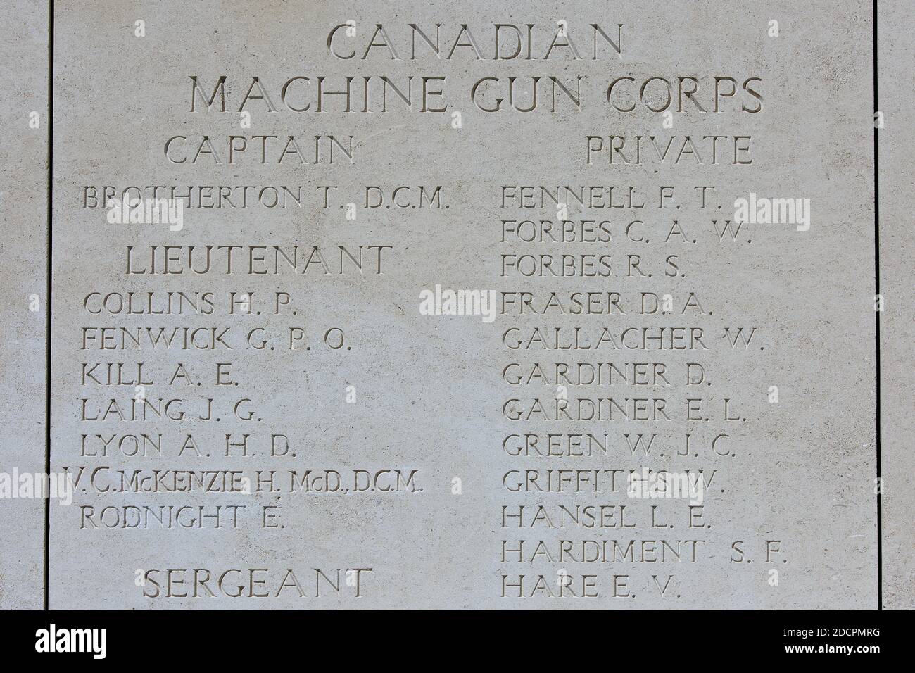 Mention of the Canadian VC recipient lieutenant Hugh McDonald McKenzie (1885-1917) at the Menin Gate Memorial to the Missing in Ypres, Belgium Stock Photo