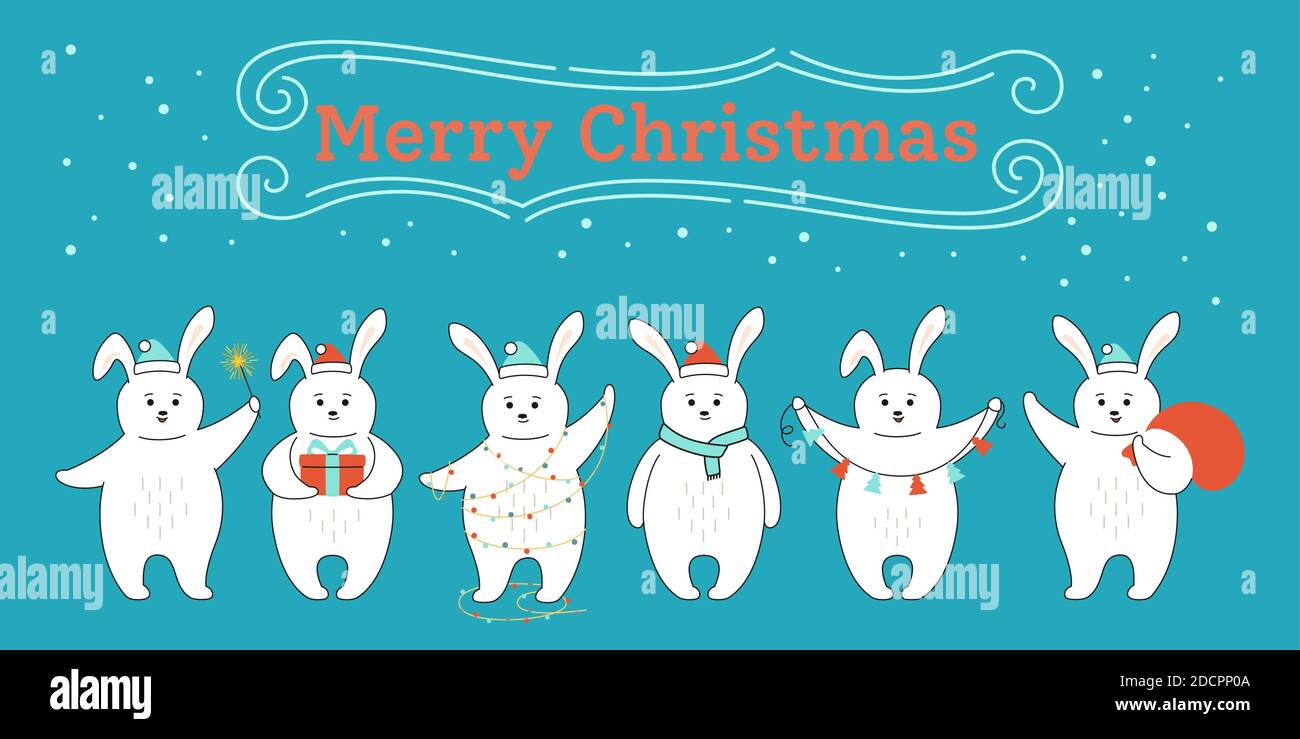 Rabbit Rabbit Rabbit Welcome December Greeting Christmas card, rabbit in row. New Year cartoon hare owls in ...