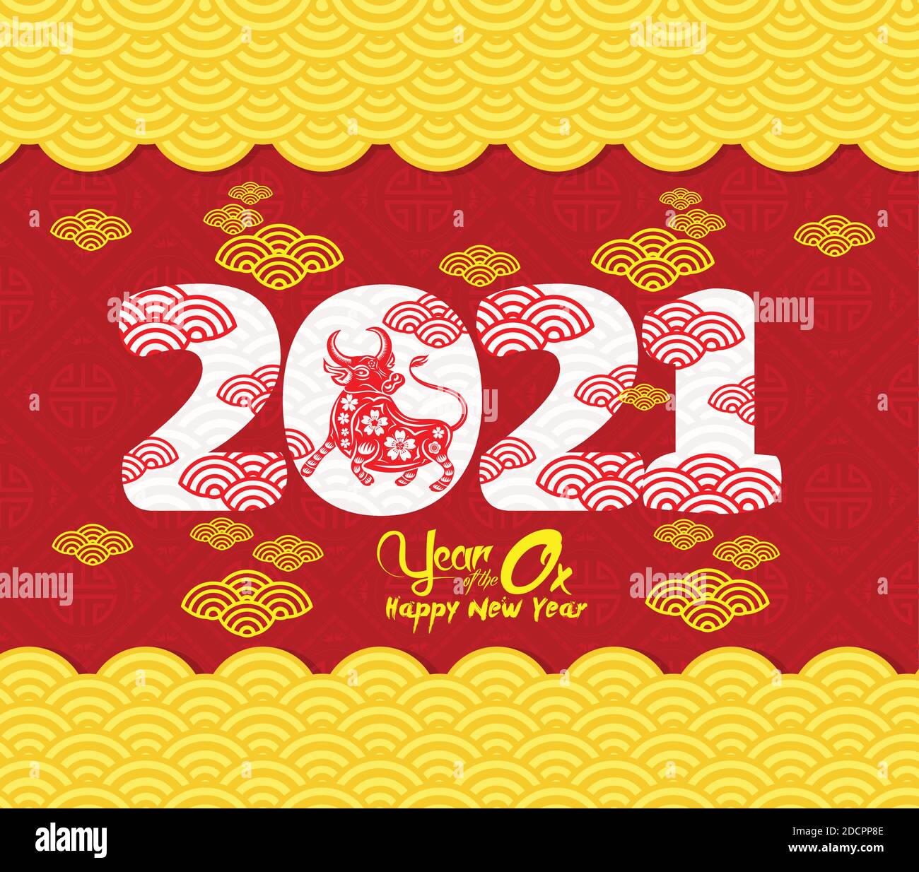 Happy chinese new year 2021 with cute ox zodiac sign in china blooming