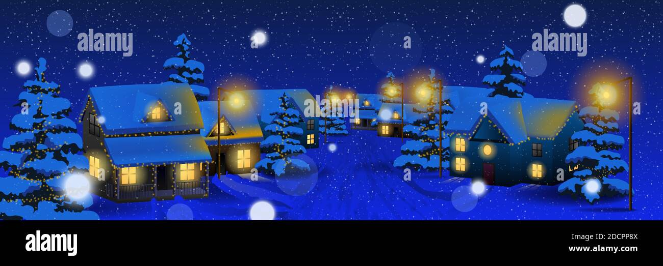 Christmas village at night vector illustration. Winter Christmas ...