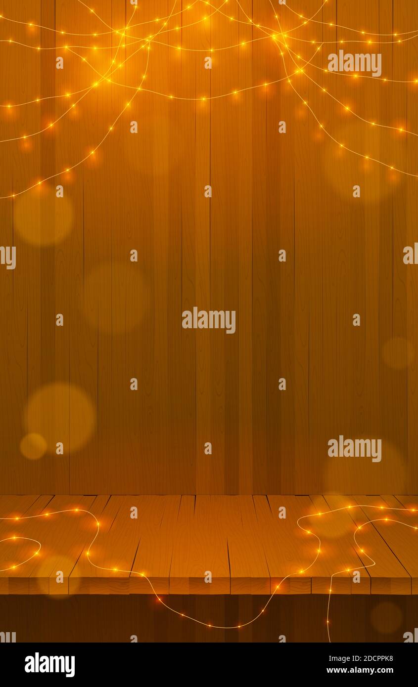 Vector illustration of wooden planks background with lighting garland