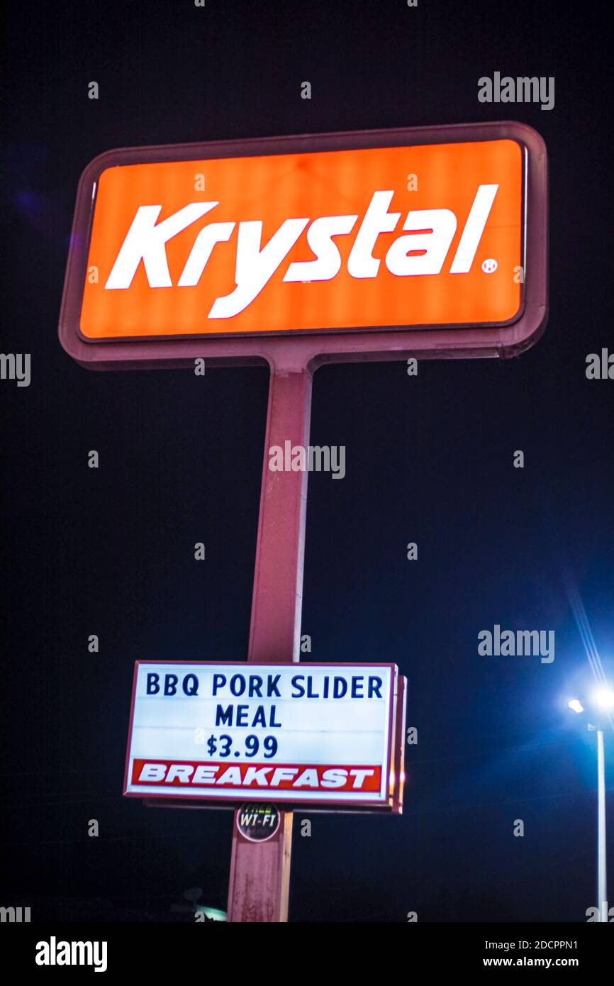 Augusta, Ga / USA - 11 20 20: Krystal Restaurant fast food street sign at night Stock Photo