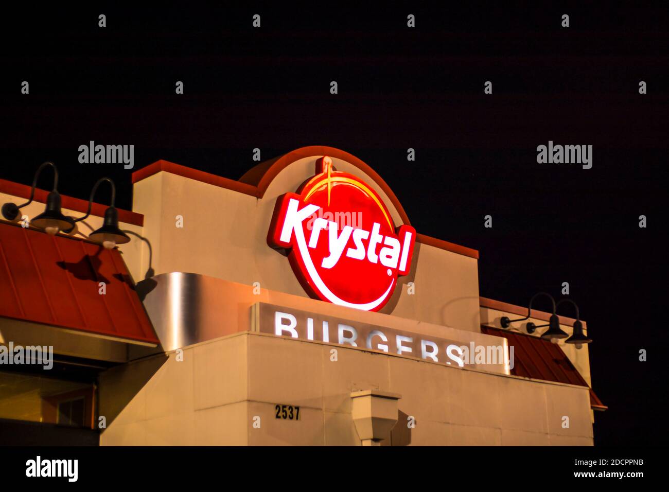 Augusta, Ga / USA - 11 20 20: Krystal Restaurant fast food building sign at night Stock Photo
