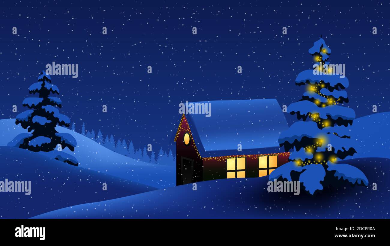 Vector of winter landscape with house in forest. Winter, night and house. Snow and light Stock Vector