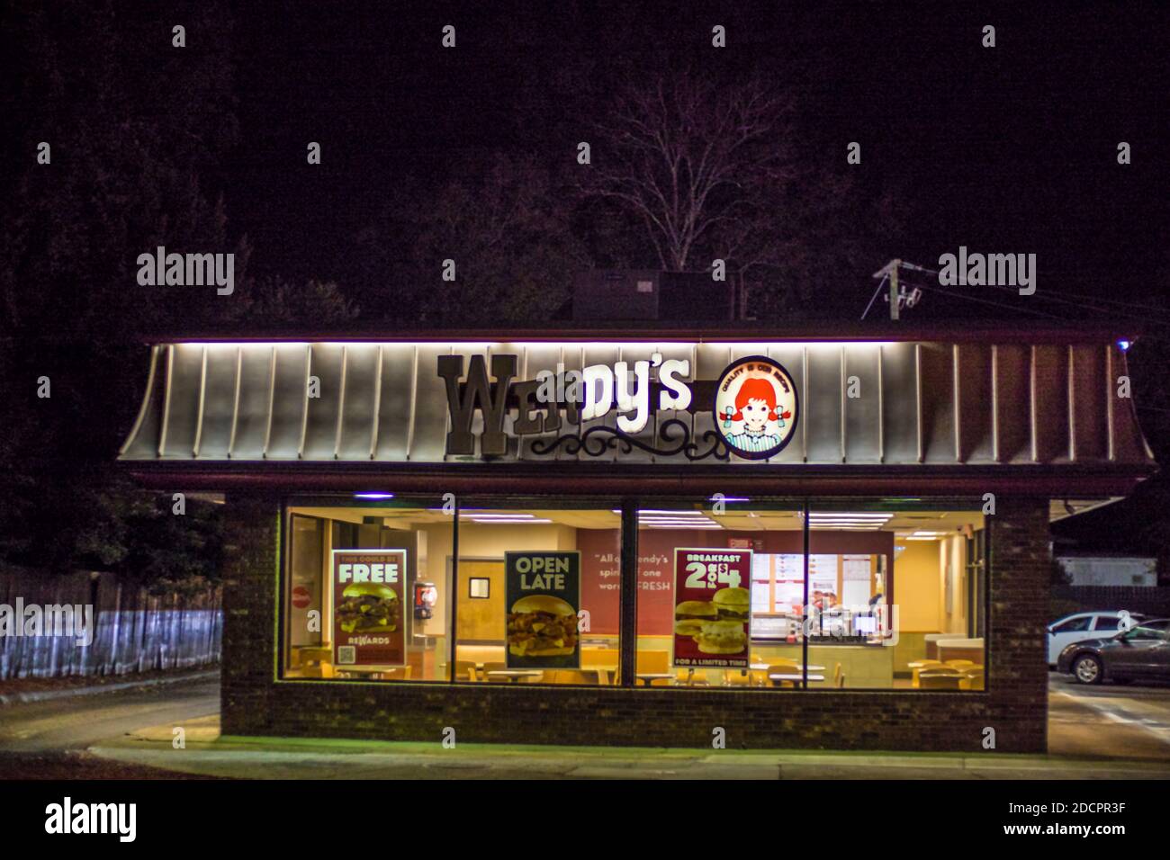 Augusta, Ga / USA - 11 20 20: Wendys Restaurant front building view at night Stock Photo