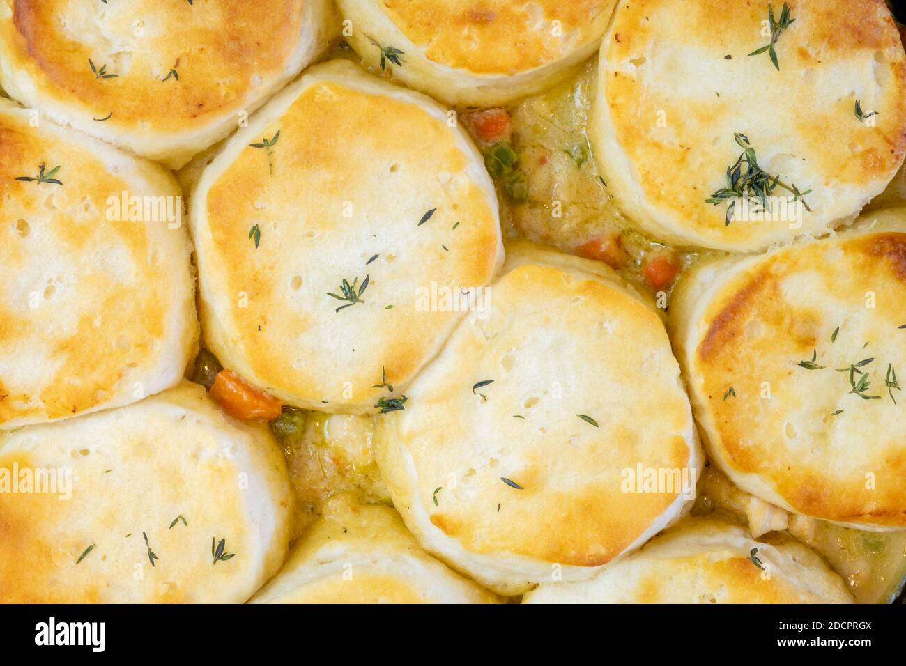 Close up of Chicken Pot Pie with biscuits used on top cooked to a toasty golden brown in a cast iron skillet. Stock Photo