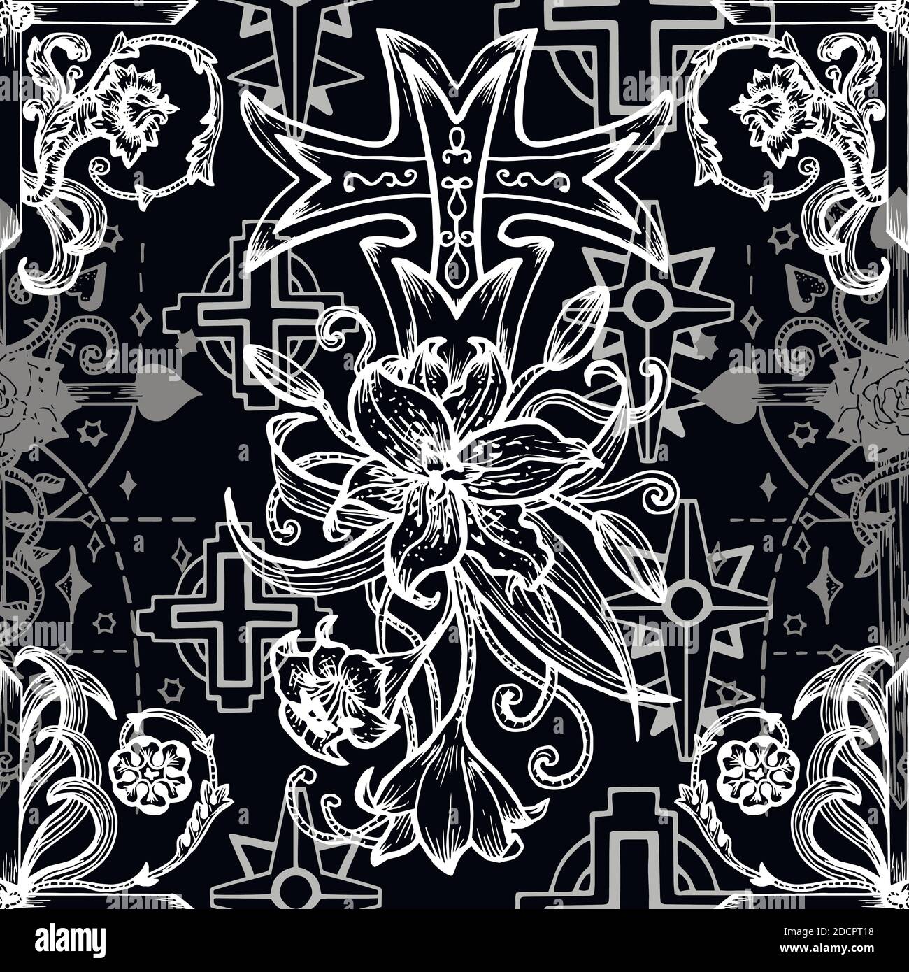 Seamless pattern with fantasy cross and baroque patterns, gothic and mystic concept Stock Vector