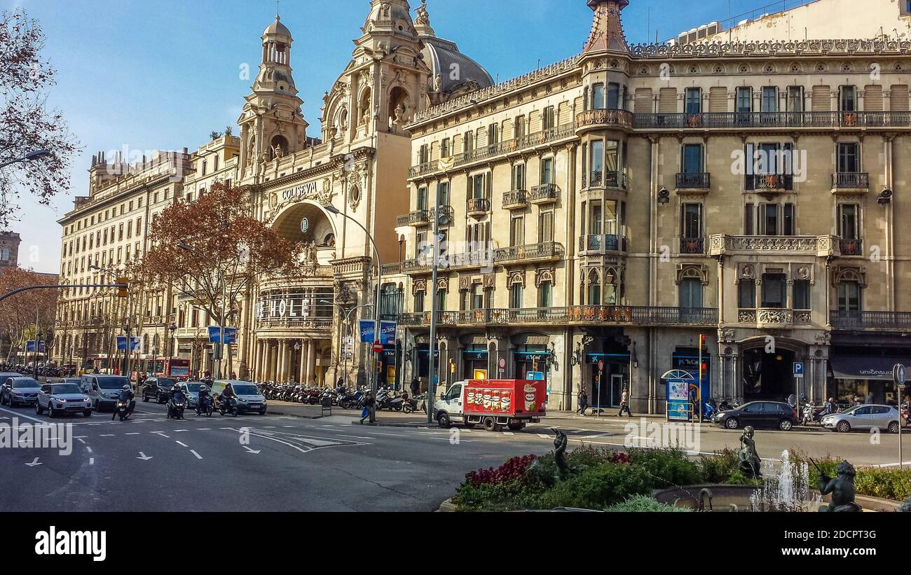 Busy city block in Barcelona, Spain Stock Photo