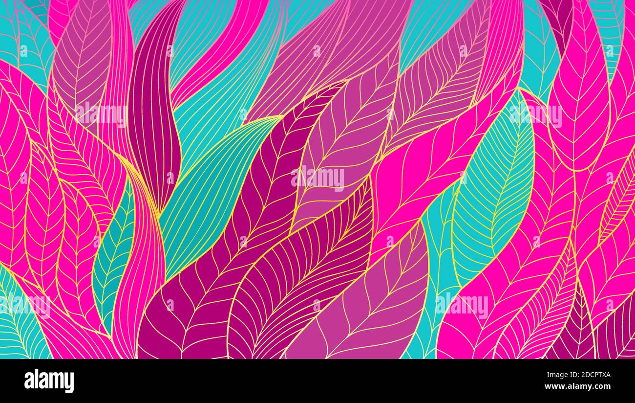 Hand drawn stylized plant leaves. Abstract Eco art. Vector multicolored pattern from wavy lines. Stock Vector