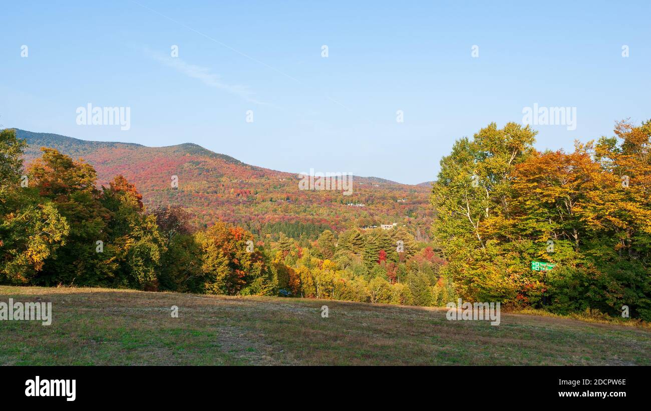 Ski slope at the base of Mt. Mansfield. Deciduous forest changing colors in the fall. Maple, beech, birch, and hemlock trees. Ski resort in Stowe, VT. Stock Photo