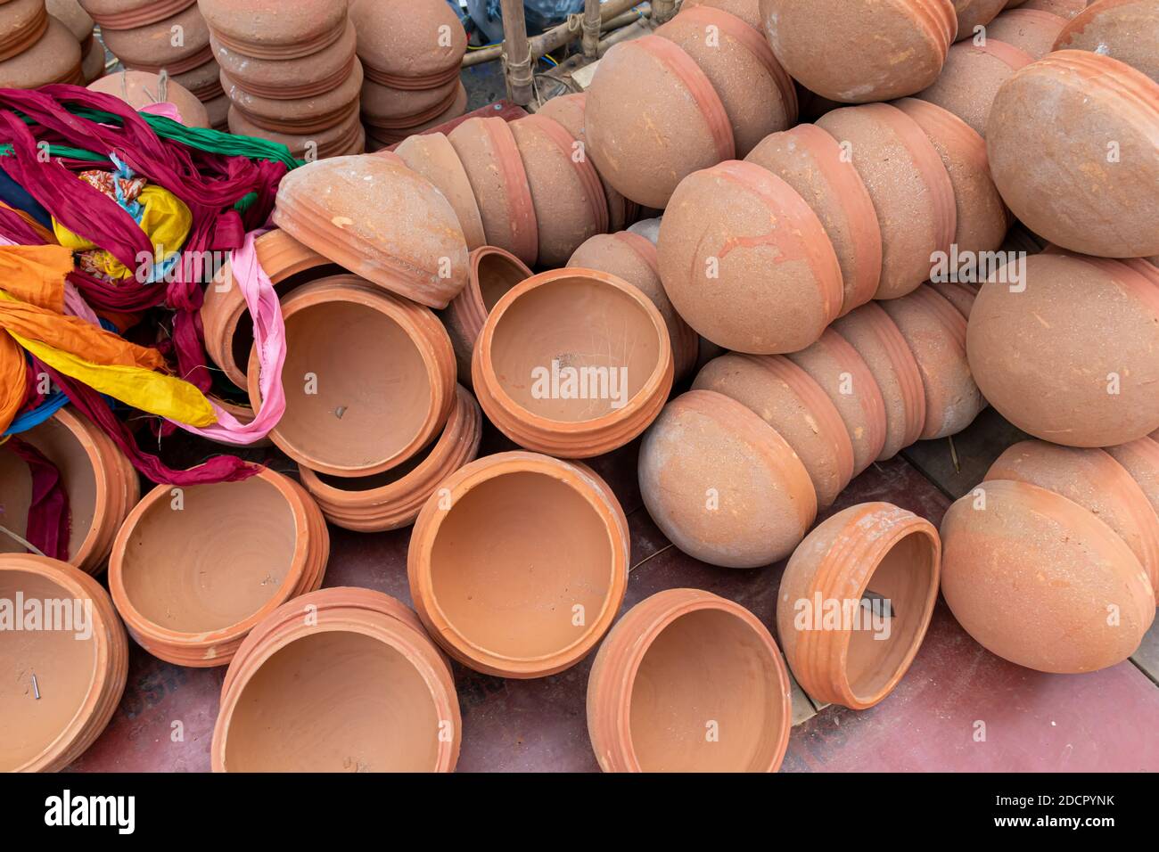 Picture of pile of round clay pot for food or earthenware Stock Photo