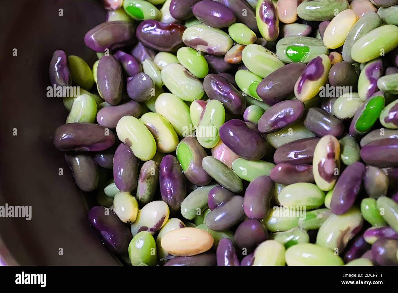 A background of green nd purple beans in a grey colander Stock Photo