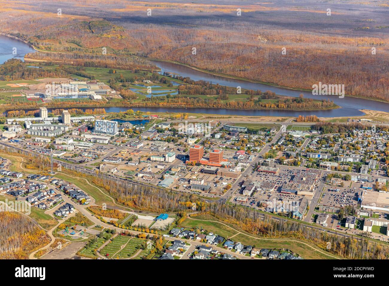 Aerial photo of downtown Fort McMurray, Alberta Canada with MacDonald Island Park in the background. Stock Photo