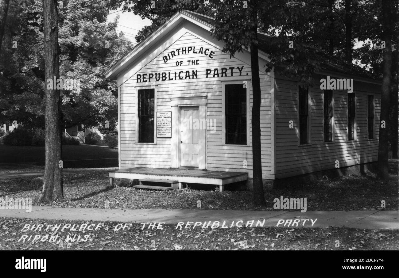 This is the Birthplace, the original little schoolhouse in Ripon, Wisconsin, USA, where the Republican Party was born.  In early 1854, an anti-slavery group of men, dissatisfied with the Whig Party, gathered to decide on a new organization that would fight against allowing slavery in new States. Another, larger group, soon met in Jackson, Michigan.  In June 1854, New York newspaper magnate Horace Greeley suggested that the new organization be called 'Republicans.'  It stuck.  To see my other politics-related images, Search:  Prestor  vintage  politics Stock Photo