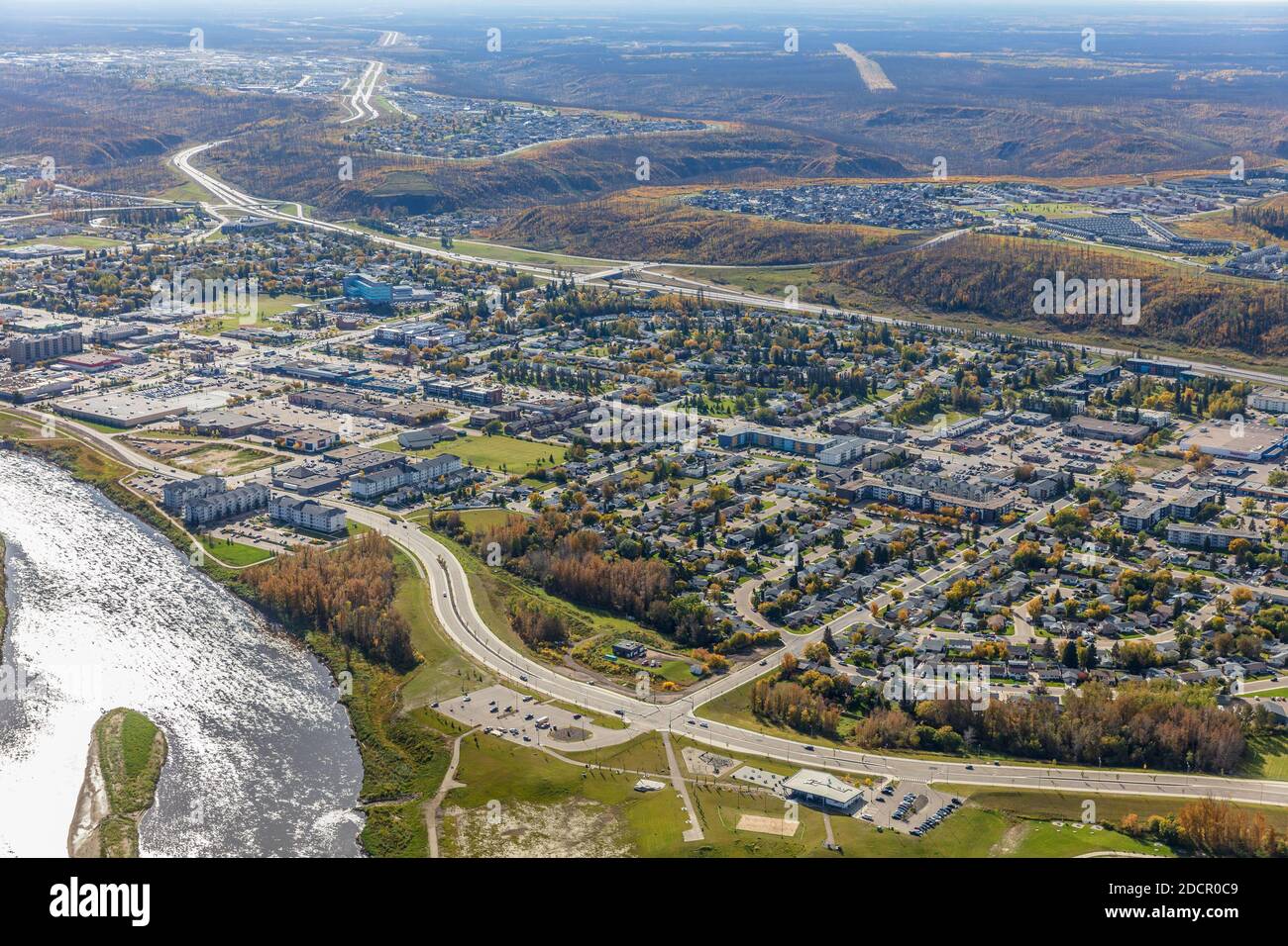 Aerial photo of the Clearwater River and Fort McMurray Alberta lower townsite. Stock Photo